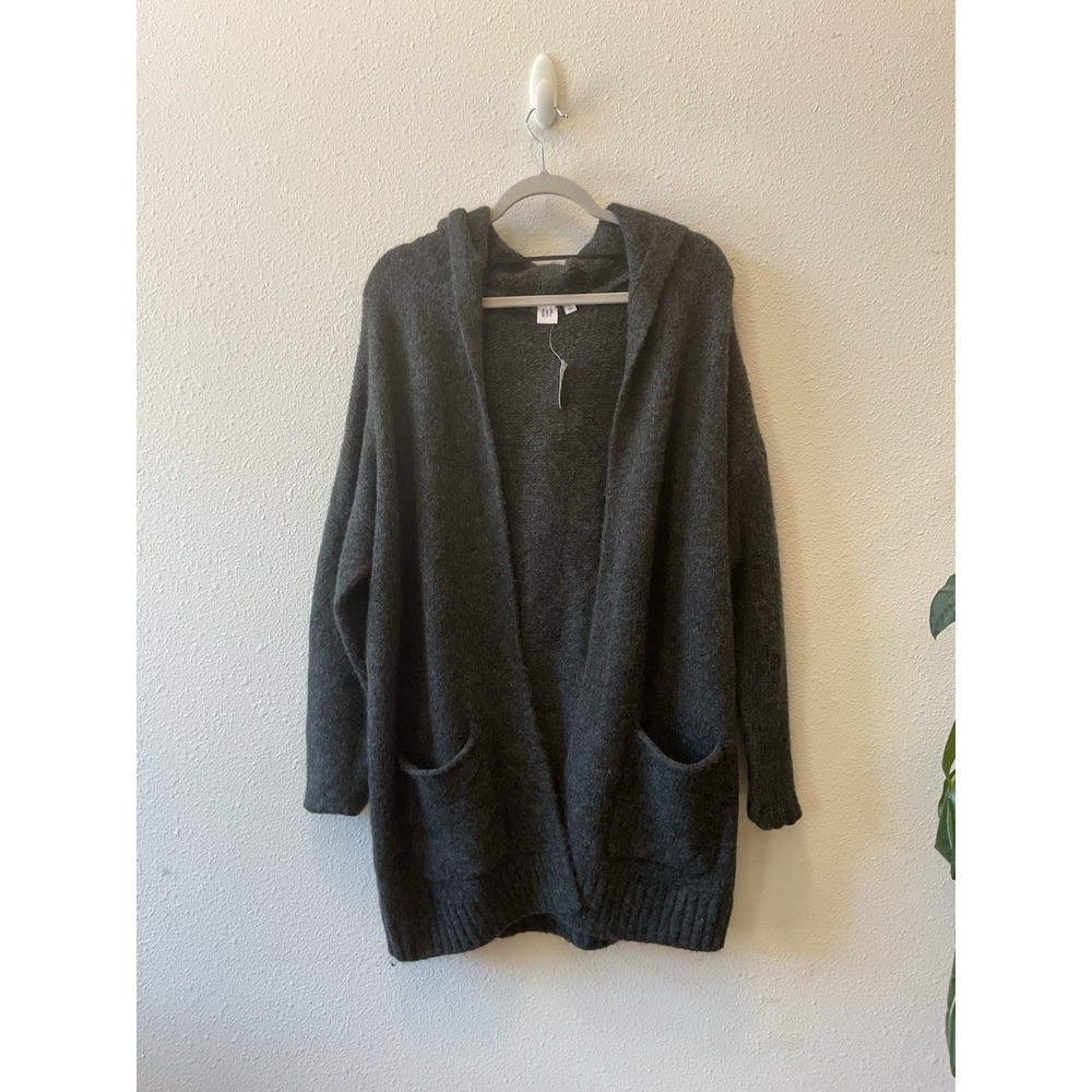 Gap Hooded Charcoal Cardigan Sweater Size L Grey Soft Open Front Knit NWT New